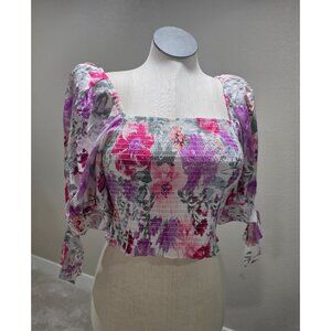 Floral Smocked Long Sleeve Crop Top With Tie Details L Express